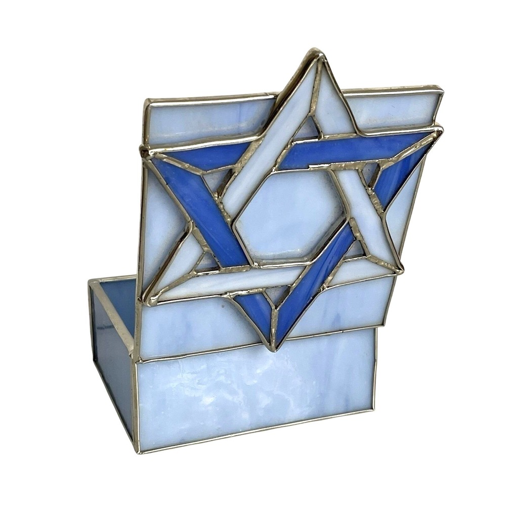 Vintage Stained Glass Star of David Trinket Box Blue White Judaica Keepsake‎ Box